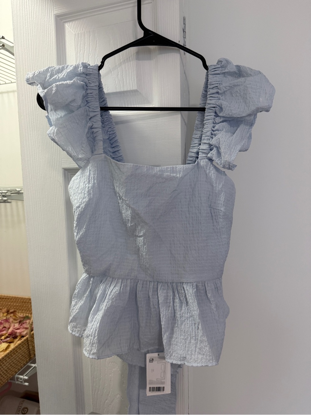 NWT H&M Light Blue Ruffle Sleeve Peplum Top With a Bow, Size S - Picture 4 of 7